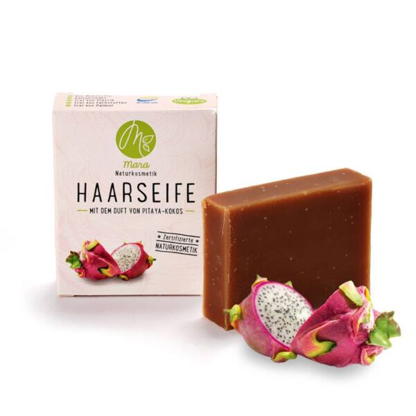 Haarseife Pitaya-Kokos - Mara Kosmetik Naturseifen Manufaktur Produktbild mit und ohne Verpackung