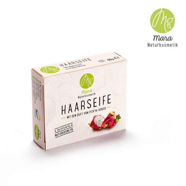 Haarseife Pitaya-Kokos - Mara Kosmetik Naturseifen Manufaktur Produktbild mit Verpackung quer