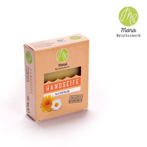 Handseife Blütentraum - Mara Kosmetik Naturseifen Manufaktur Produktbild mit Verpackung Hochkant
