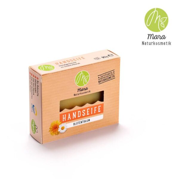Handseife Blütentraum - Mara Kosmetik Naturseifen Manufaktur Produktbild mit Verpackung quer