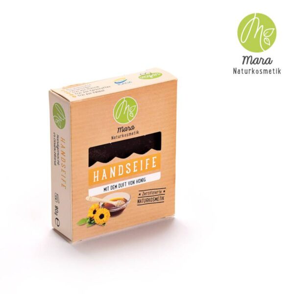 Handseife Honig - Mara Kosmetik Naturseifen Manufaktur Produktbild mit Verpackung Hochkant