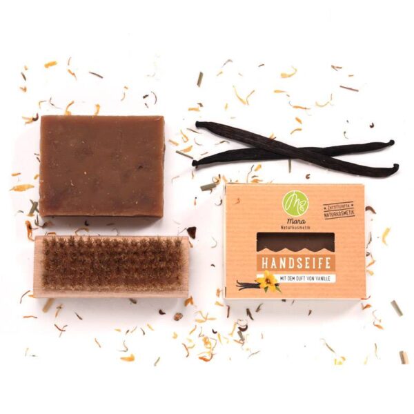 Handseife Vanille - Mara Kosmetik Naturseifen Manufaktur Produktbild mit Dekorationration