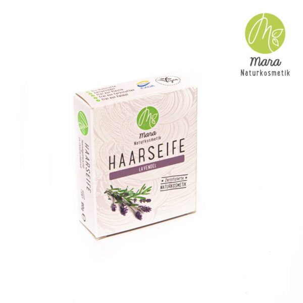 Haarseife Lavendel - Mara Kosmetik Naturseifen Manufaktur Produktbild mit Verpackung Hochkant