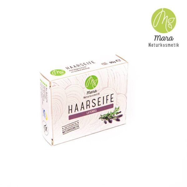 Haarseife Lavendel - Mara Kosmetik Naturseifen Manufaktur Produktbild mit Verpackung quer