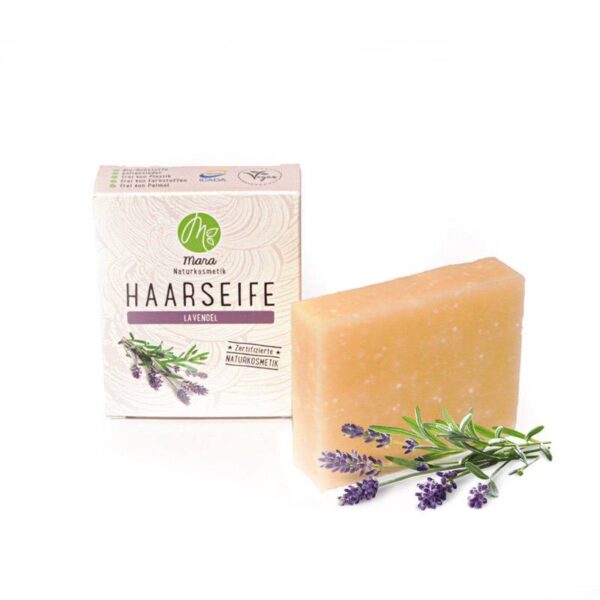 Haarseife Lavendel - Mara Kosmetik Naturseifen Manufaktur Produktbild mit und ohne Verpackung