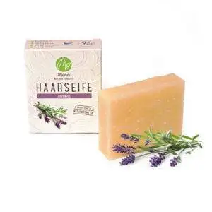 Haarseife Lavendel - Mara Kosmetik Naturseifen Manufaktur Produktbild mit und ohne Verpackung