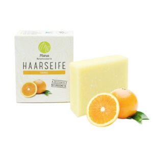 Haarseife Orange - Mara Kosmetik Naturseifen Manufaktur Produktbild mit und ohne Verpackung mit Dekorationration