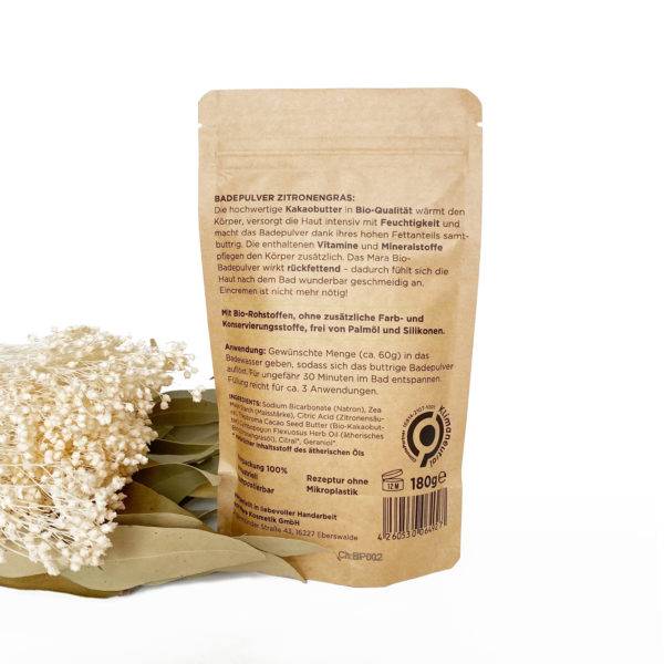Badepulver Zitronengras - Mara Kosmetik Naturseifen Manufaktur Produktbild in Verpackung Rueckseite